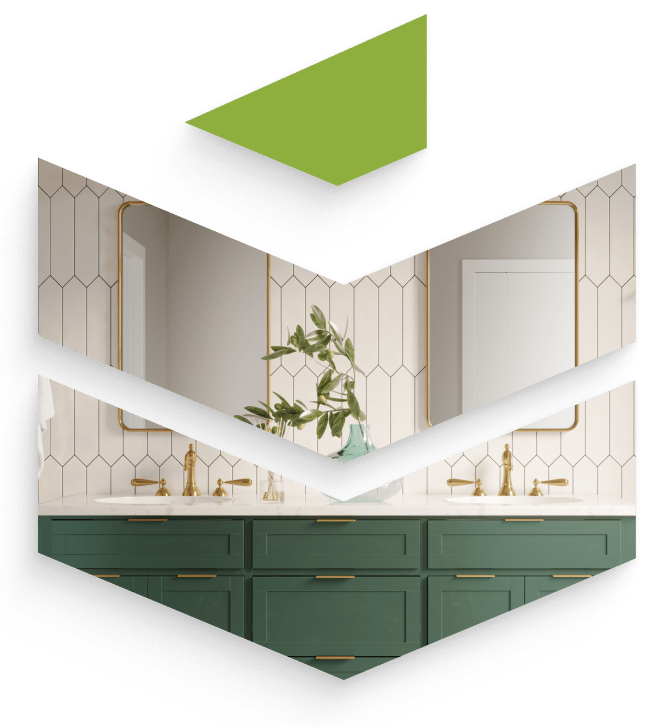 Remodeled bathroom with white tile and green cabinets